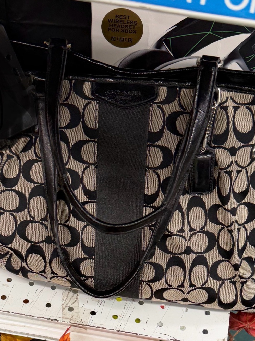 Coach Black/Tan Signature Canvas Tote with Leather Trim